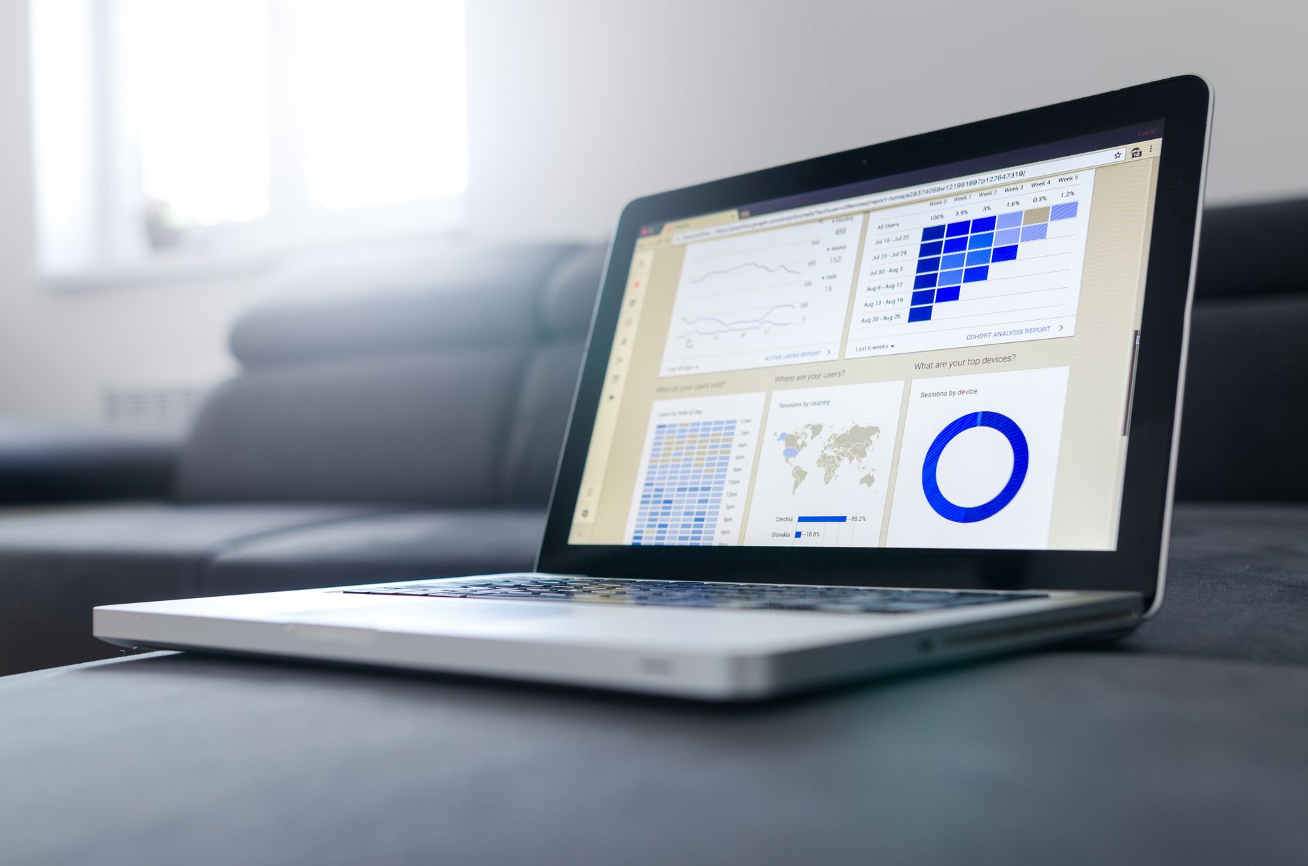 Laptop exibindo telas de análise de dados e performance web em cima de uma mesa