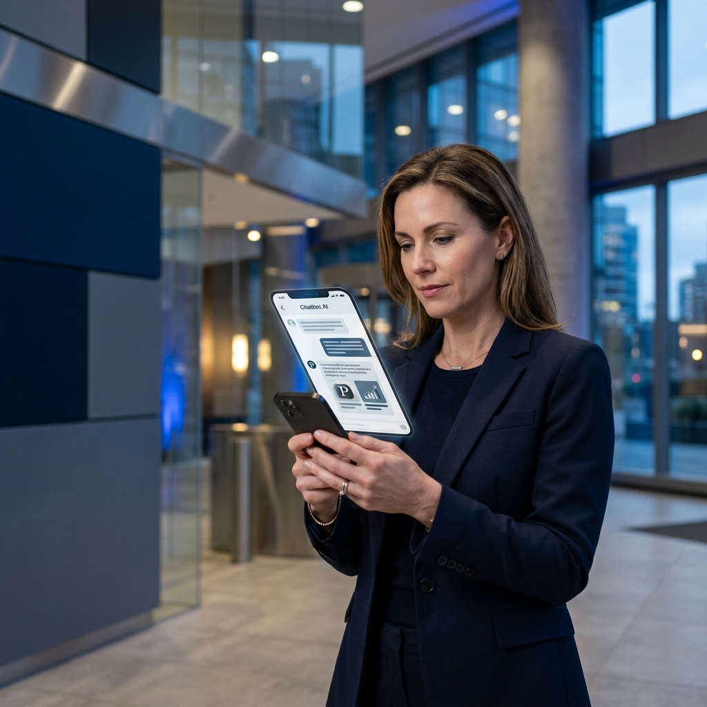 Empresário olhando para smartphone com interface de chatbot recomendando empresas.