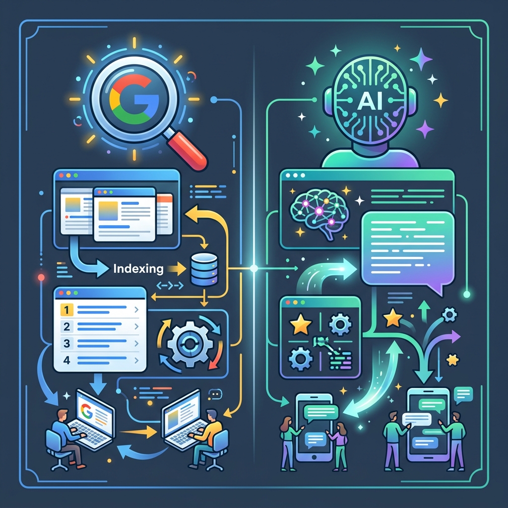 Infográfico comparativo entre a busca tradicional do Google e a recomendação por Inteligência Artificial